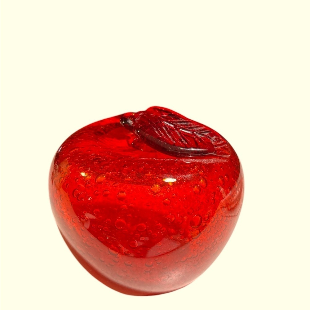 Red Apple glass paperweight decor - with bubbles